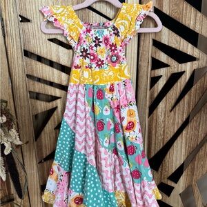 Jelly The Pug ‘Sweet Peep’ Yellow Pink Teal Patchwork Flutter-Sleeve Dress